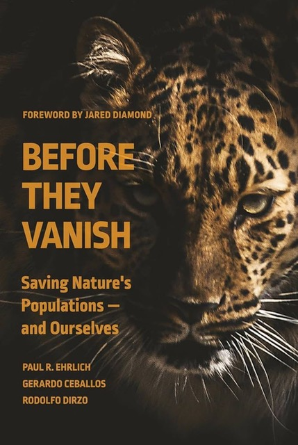The cover to "Before They Vanish" shows heavy orange text on top of an image of a jaguar's face in closeup. In addition to the title and author's the cover notes the book includes a forward by Jaren Diamond